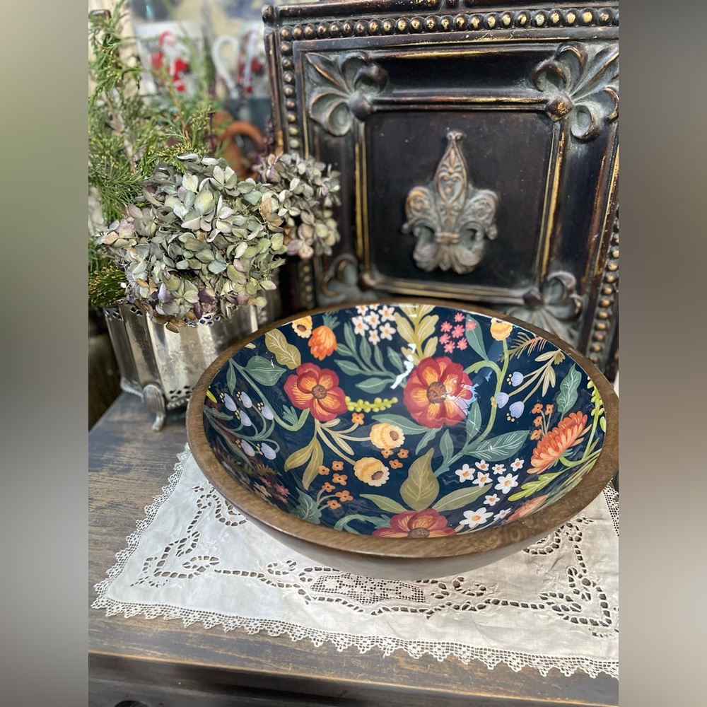 Mango wood floral enamel lined serving Bowl
